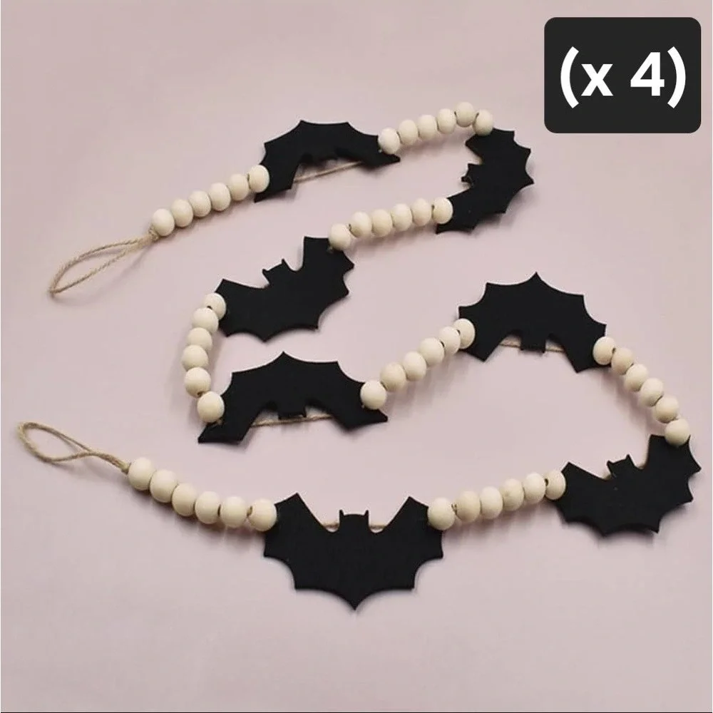 (Set of 4) Wooden Beaded Felt Bats Garland for Halloween Indoor/Outdoor Decor